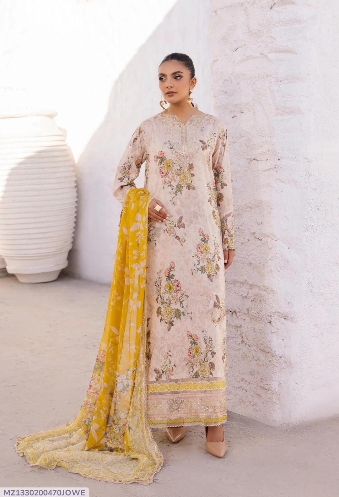 Peach Digital Printed Lawn 3-Piece Unstitched Suit with Chiffon Dupatta