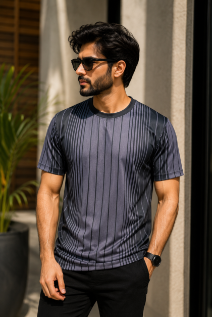 Men's Charcoal Vertical Pinstripe T-Shirt